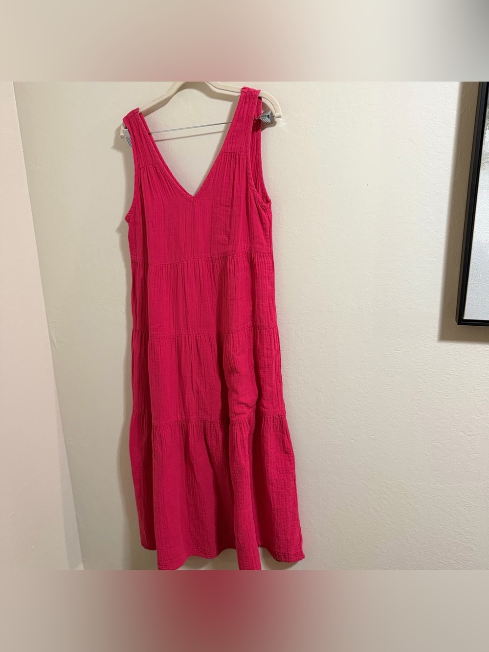 Quince Amaranth Hot Pink Organic Cotton Gauze Tiered Maxi Dress V Neck Small - Picture 6 of 9